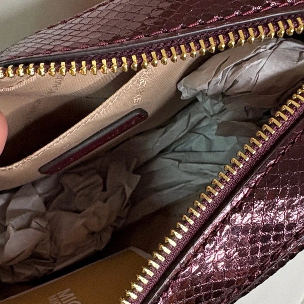 Michael Kors Maisie 2 in One Shimmering Maroon Burgundy Camera Bag Crossbody